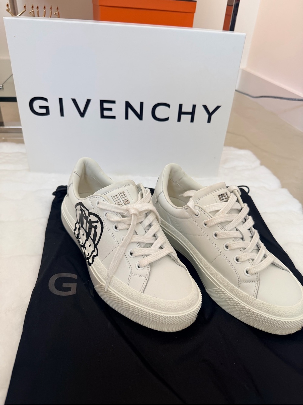 Givenchy White Leather Low-Top Sneakers with Black Graphic
